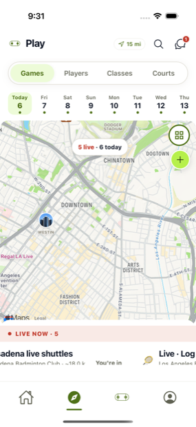 Courts and games shown together on the Rally map