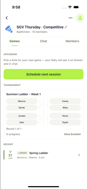 A Rally group page showing upcoming sessions and a tournament ladder
