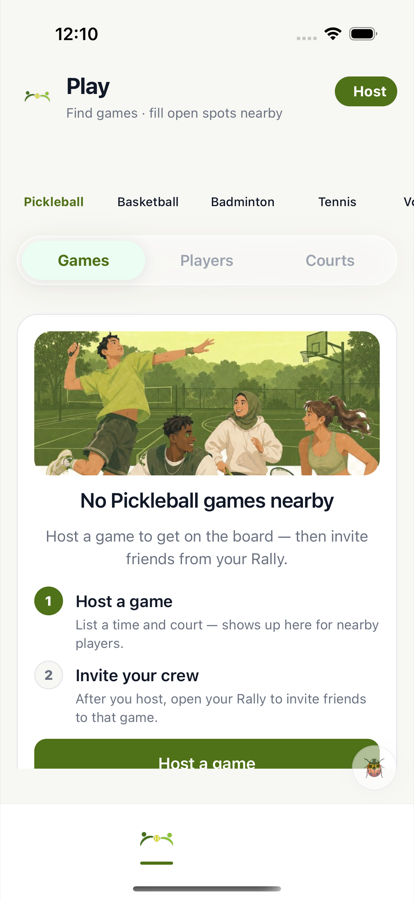 Rally Play tab showing nearby games